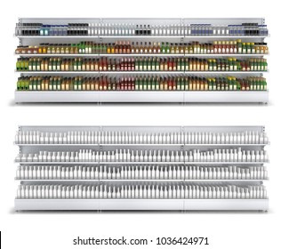 Open Shelf With Colored And White Blank Bottles In A Self-service Store. 3d Illustration Isolated On White.