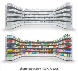 Open Shelf With Colored And White Blank Goods In A Self-service Store. 3d Illustration Isolated On White.