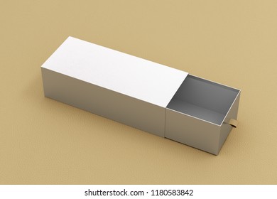 Open silver blank empty long box on beige leather background. 3d illustration