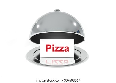 Open Silver Cloche With White Small Sign Pizza