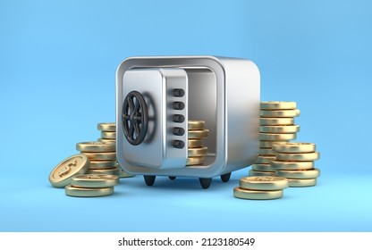 Open Silver safe box with golden coins on blue background. 3D rendering.