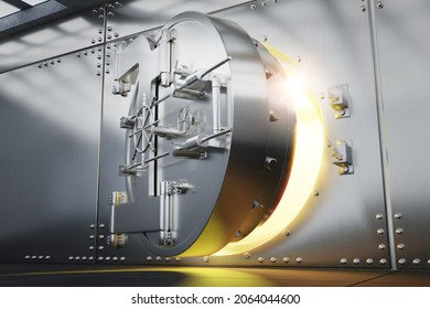 Open Silver Sturdy Metal Bank Vault Door With Gold Light Comes Out From Inside, 3d Rendering