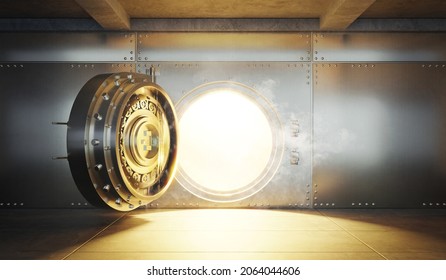 Open silver sturdy metal Bank vault door with gold light comes out from inside, 3d rendering