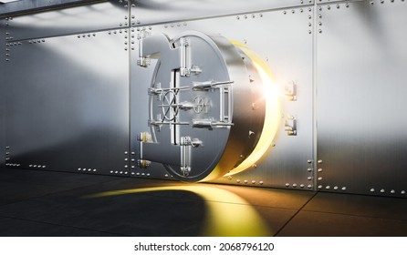 Open Silver Sturdy Metal Bank Vault Door With Gold Light Comes Out From Inside, 3d Rendering