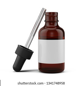 Open Small Dropper Bottle with a pipette and blank white label - 3d rendering mock-up template.