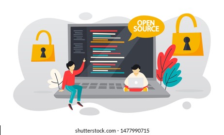 Open Source Concept. Free Software For The Computer. Download And Install File For Free. Flat  Illustration