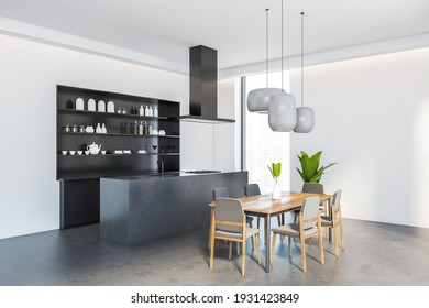 Open Space Eating Room Interior With Wooden Dining Table And Six Grey Chairs, Side View. Sink And Stove, Shelves With Kitchenware, 3D Rendering No People
