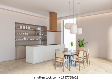 Open Space Eating Room Interior With Wooden Dining Table And Six Chairs, Side View. Sink And Stove, Shelves With Kitchenware, 3D Rendering No People