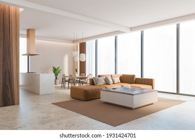 Open Space Home Interior With Brown Sofa On Carpet, Marble Floor. Kitchen Set, Faucet And Hood, Dining Table With Chairs, City View On Skyscrapers, 3D Rendering No People