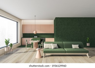 Open Space Home Interior With Green Sofa On Parquet Floor. Kitchen Set, Dining Table With Chairs, City View On Skyscrapers, 3D Rendering No People