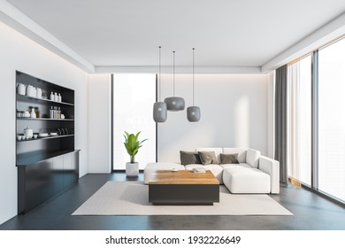 Open Space Home Interior With White Sofa On Carpet, Grey Floor. Kitchen Shelves With Kitchenware, Coffee Table And City View On Skyscrapers, 3D Rendering No People