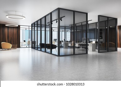 Open Space Office Corridor With A Dark Glass Open Space Environment And A Yellow Armchair In The Waiting Area. 3d Rendering Mock Up