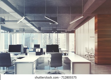 Open Space Office Environment With Dark Wooden, White And Glass Walls, Rows Of White Computer Desks And Original Ceiling Lamps. 3d Rendering Mock Up Toned Image