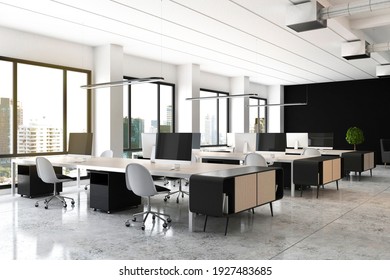 Open space office with modern wooden furniture, computers on tables, glossy floor and big window with city view. 3D rendering