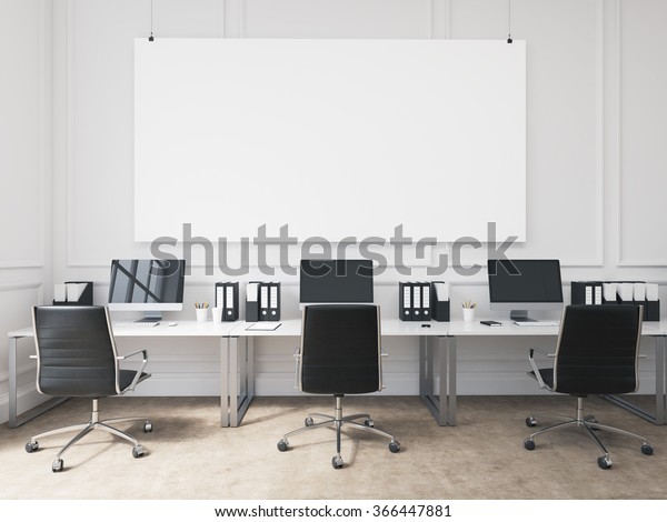 オープンスペースのオフィス 壁に沿って配置されたコンピュータとテーブル 労働者同士が向かい合っ ている 壁の上の大きな板 仕事のコンセプト 3dレンダリング のイラスト素材