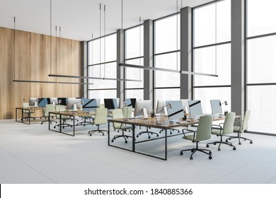 Open Space Office, Wooden Desks With Computers. Stylish Modern Tables With Computers In A Row, Work Space In Office, No People, 3D Rendering