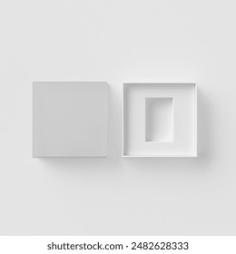 Open square flat box mockup, Empty square rigid box with transparent plastic cover, flat paper box with product lock tray inside, plastic lid cube container isolate on background, packaging mock up 