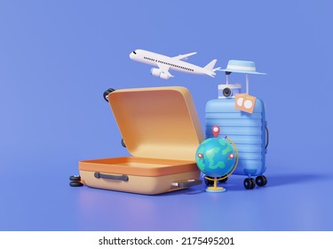 Open Suitcase Flight Airplane Travel Tourism Plane Trip Planning World Tour Luggage With Terrestrial Globe Location, Leisure Touring Holiday Summer Concept. Cartoon Minimal 3d Render Illustration
