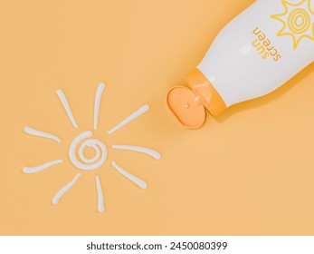 Open sunscreen bottle with cream arranged in a sun shape on a peach-colored background. Concept of summer skincare and sun safety. 3d rendering