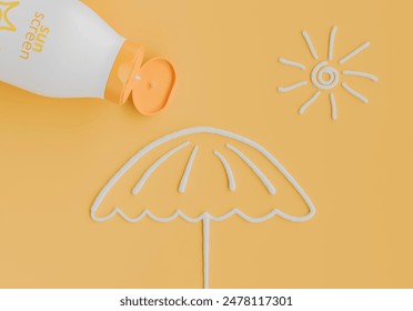 Open sunscreen bottle with lotion forming a sun and umbrella design on a yellow background. Concept of sun protection and summer fun. 3d rendering - Powered by Shutterstock