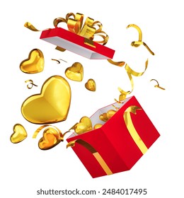 Open surprise gift box celebration elements, red box with golden hearts isolated object on white background with Clipping path, Boxing day sale idea during Valentine's Day or love festival, 3D render. - Powered by Shutterstock