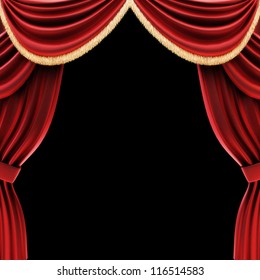 Open theater drapes or stage curtains with a black background