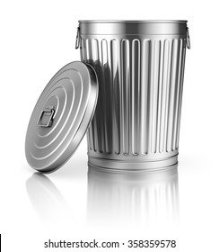 Open Trash Can On White Reflective Background