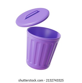 Open trash purple floating on white background, environment garbage concept ,waste ,copy space, cartoon minimal. 3D render illustration
