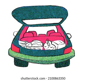 Open Trunk Station Wagon Moving Out For College Halftone Hand Drawn Illustration