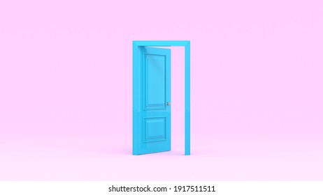 Open Turquoise Door Isolated On Pink Background. 3d Render