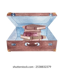 An open vintage brown suitcase with stack of books illustration isolated on white. Hand drawn for stickers, stationary, book shop decor and design, cards. Vintage clip art. Grandma's. Old-fashioned. - Powered by Shutterstock