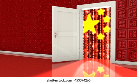 Open white backdoor in a red wall leading to a Chinese digital flag made from ones and zeros cybersecurity concept 3D illustration