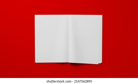 Open White Blank Magazine Isolated On Red Background Magazine Spread. Layout Or Template. 3D Visualization