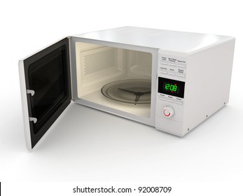 Open White Microwave On White Background. 3d