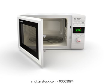 Open White Microwave On White Background. 3d