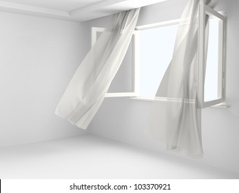 Open window with the curtains developed by a wind.