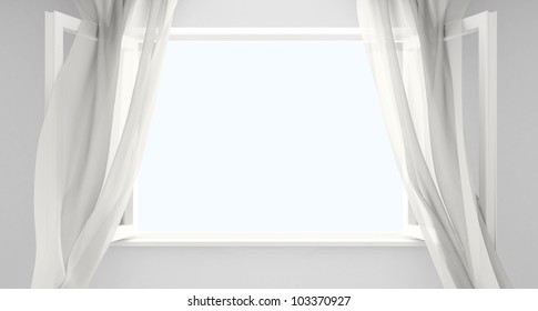 Open window with the curtains developed by a wind. Background for your picture.