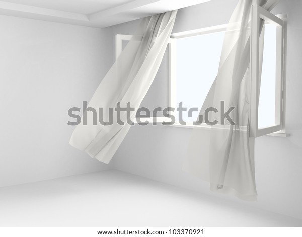 風でカーテンを開けた窓 のイラスト素材