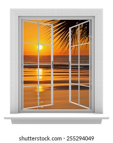 Open Window With A Tropical Beach View And Orange Sunset