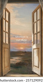 Open windows frame a sunset over a serene landscape. Adventure is out there' sunset, adventure, and open doors evoke wanderlust. Inspiring quote background. Motivational quote mobile wallpaper.