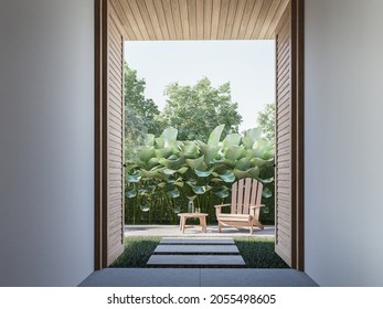 Open wooden door to tropical style green garden 3d render There have concrete tile floors ,wooden plank ceiling,decorate with wood chair