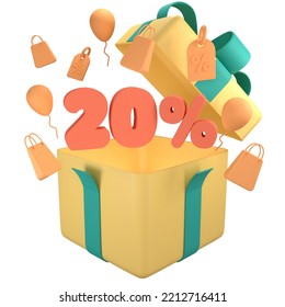 Opened 3D Gift Box and twenty percent discount with white background