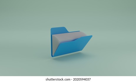 Opened archive document folder directory with white paper 3D rendering illustration