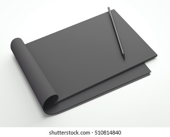 Opened black notepad with pen on a white floor. 3d rendering