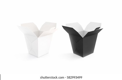 Opened black and white blank wok box mockup set, stand isolated, 3d rendering. Empty noodle carton box mock up. Asian take away udon food paper bag template. Chinese pasta meal container packaging. 