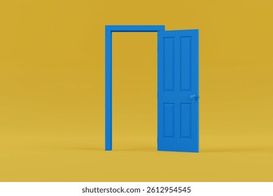 Opened Blue Door Web Icon on a yellow background. 3d Rendering