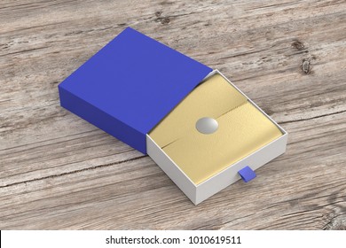 Opened blue drawer sliding box with gift wrap foil on wooden background. Include clipping path around box. 3d illustration 