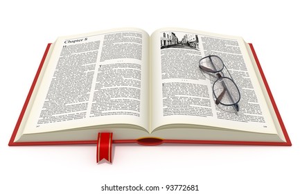Opened book with eyeglasses isolated on white background
