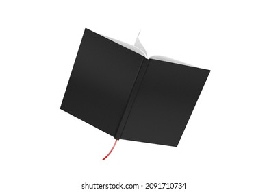 Opened Book Mockup With Black Cover And Free Space For Your Design On A White Background. 3d Rendering 