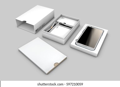 Opened Box Package With Mobile Phone Isolated On White Background, 3d Illustration